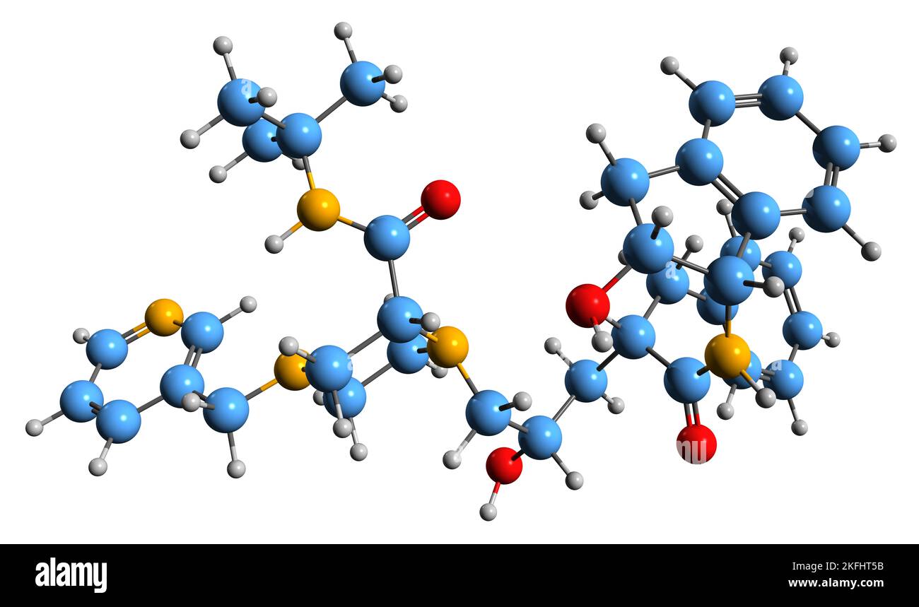 3D immagine di Indinavir formula scheletrica - struttura chimica molecolare dell'inibitore della proteasi isolato su sfondo bianco Foto Stock