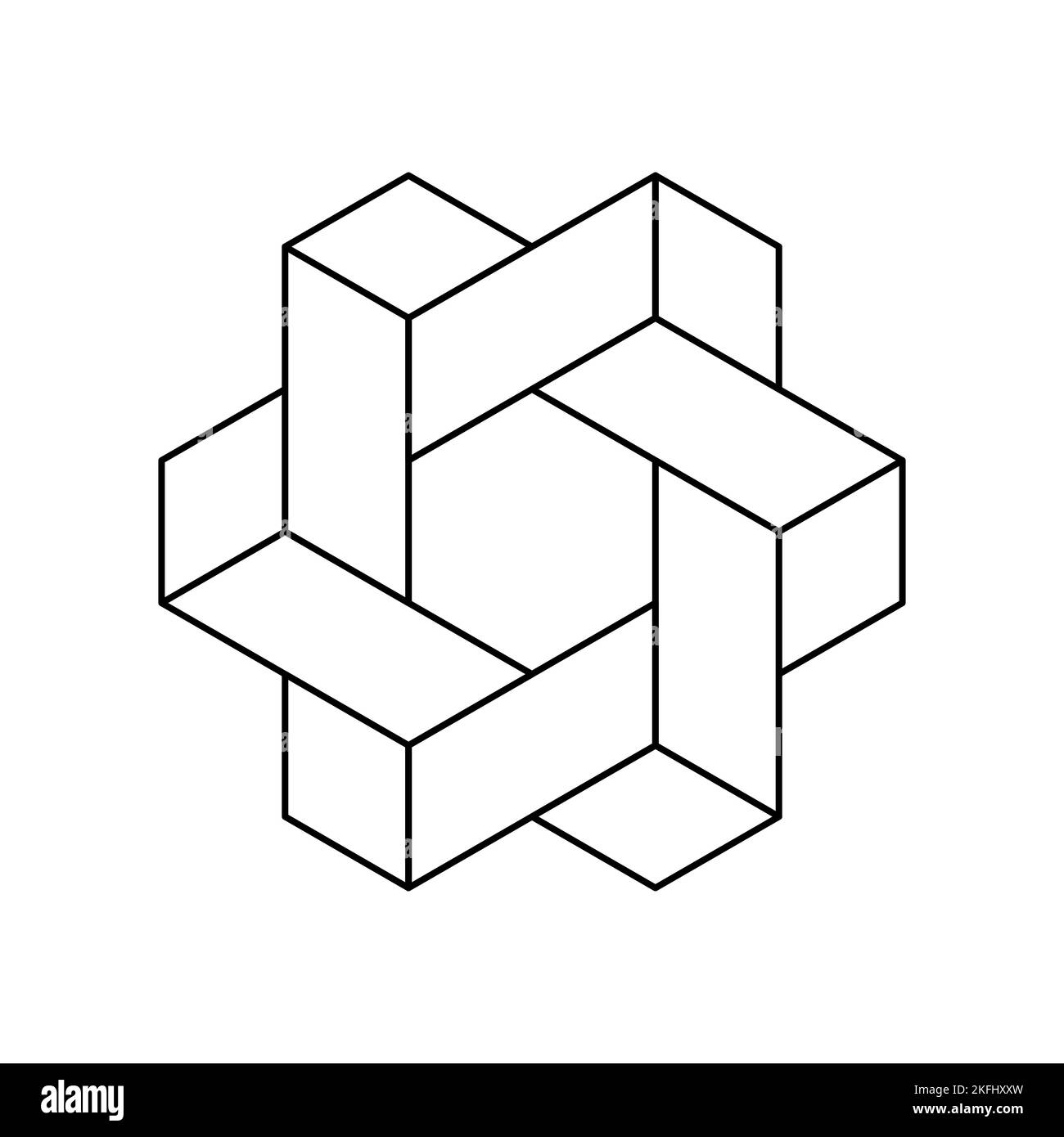 Icona linea esagonale impossibile. Modello di design del logo aziendale. Forma geometrica di cubi e rettangoli. Oggetto 3D isometrico. Unione, armonia. Vettore Illustrazione Vettoriale