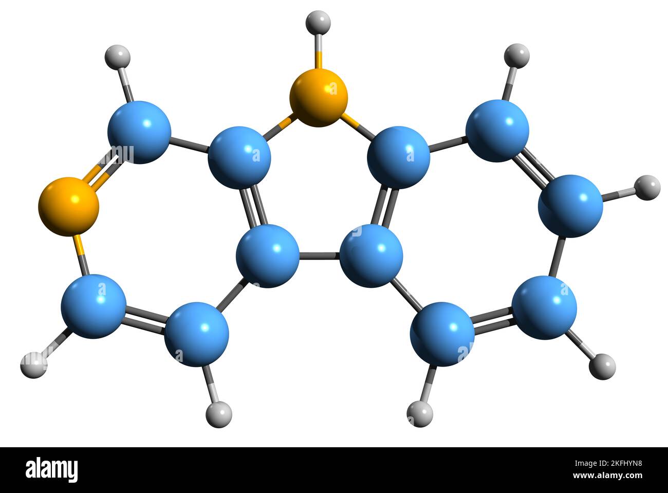 3D immagine di Carboline formula scheletrica - struttura chimica molecolare di alcaloide Norharmane isolato su sfondo bianco Foto Stock