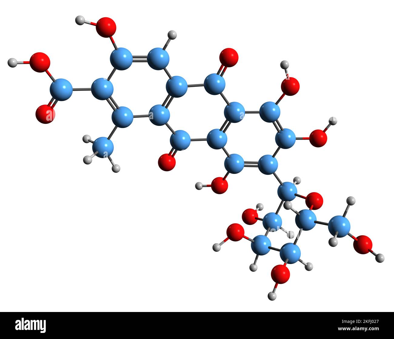 3D immagine della formula scheletrica dell'acido carminico - struttura chimica molecolare del lago di carminio isolato su sfondo bianco Foto Stock