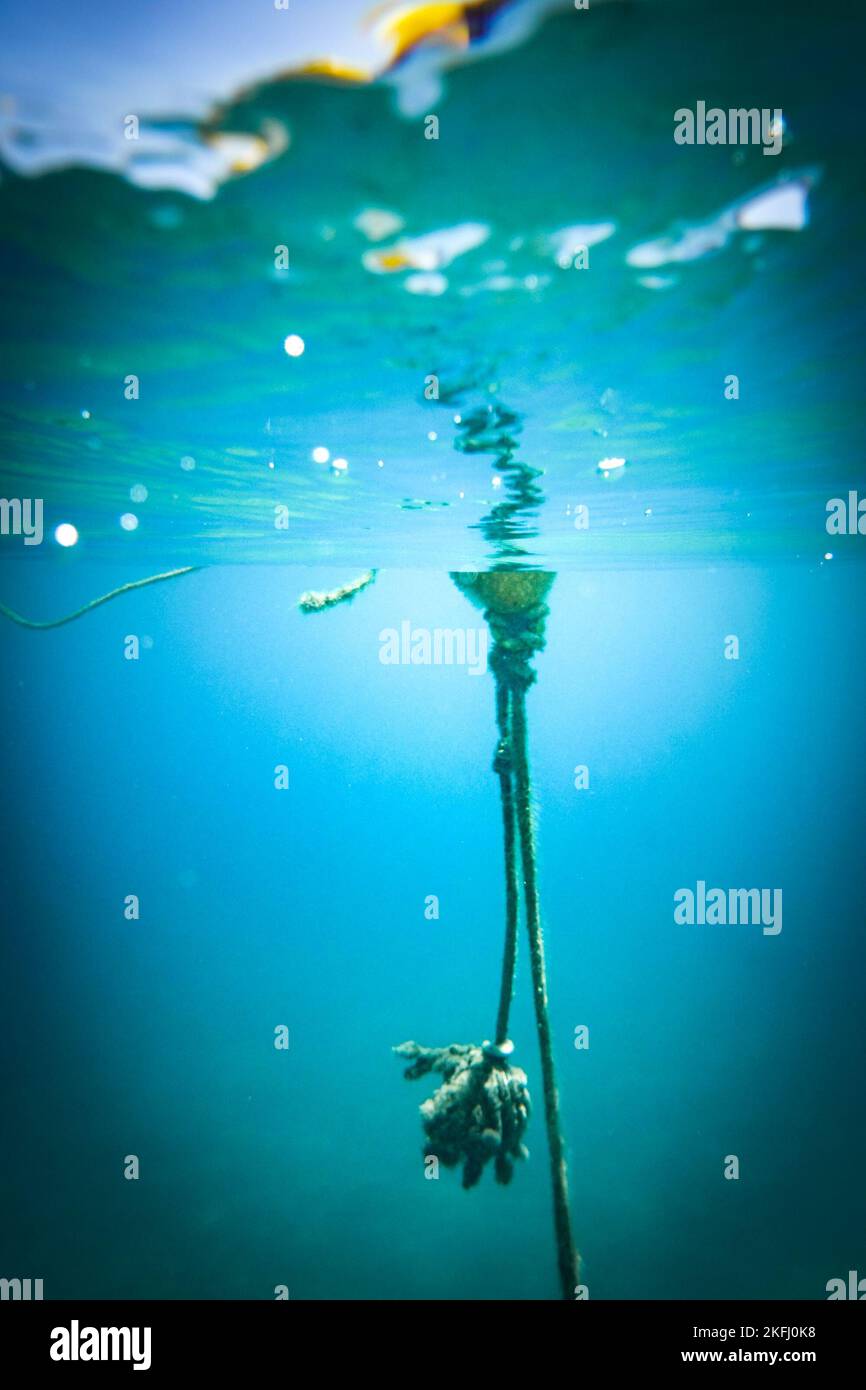 Lunga corda legata alla boa galleggiante sott'acqua in mare Foto Stock