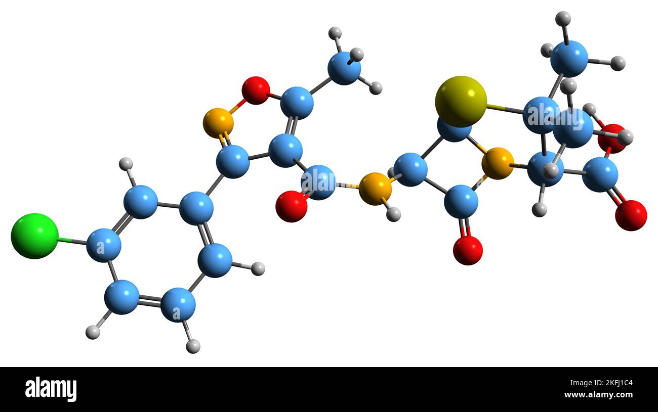 3D immagine di Cloxacillina formula scheletrica - struttura chimica molecolare di antibiotico isolato su sfondo bianco Foto Stock