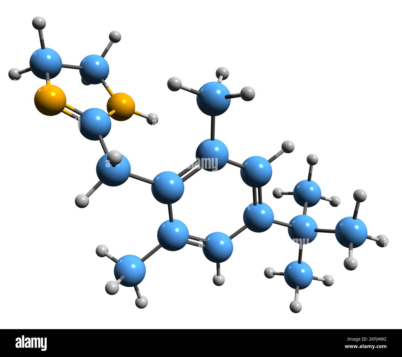 3D immagine della formula scheletrica di xilometazolina - struttura chimica molecolare del farmaco di congestione nasale isolato su sfondo bianco Foto Stock