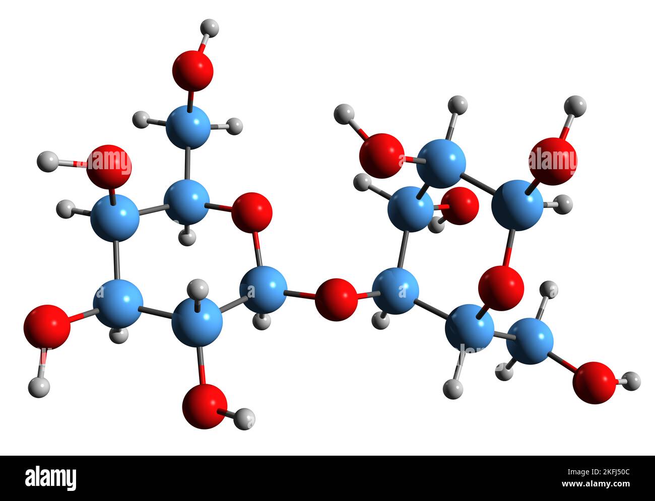 3D immagine del lattosio formula scheletrica - struttura chimica molecolare dello zucchero del latte disaccaride isolato su sfondo bianco Foto Stock