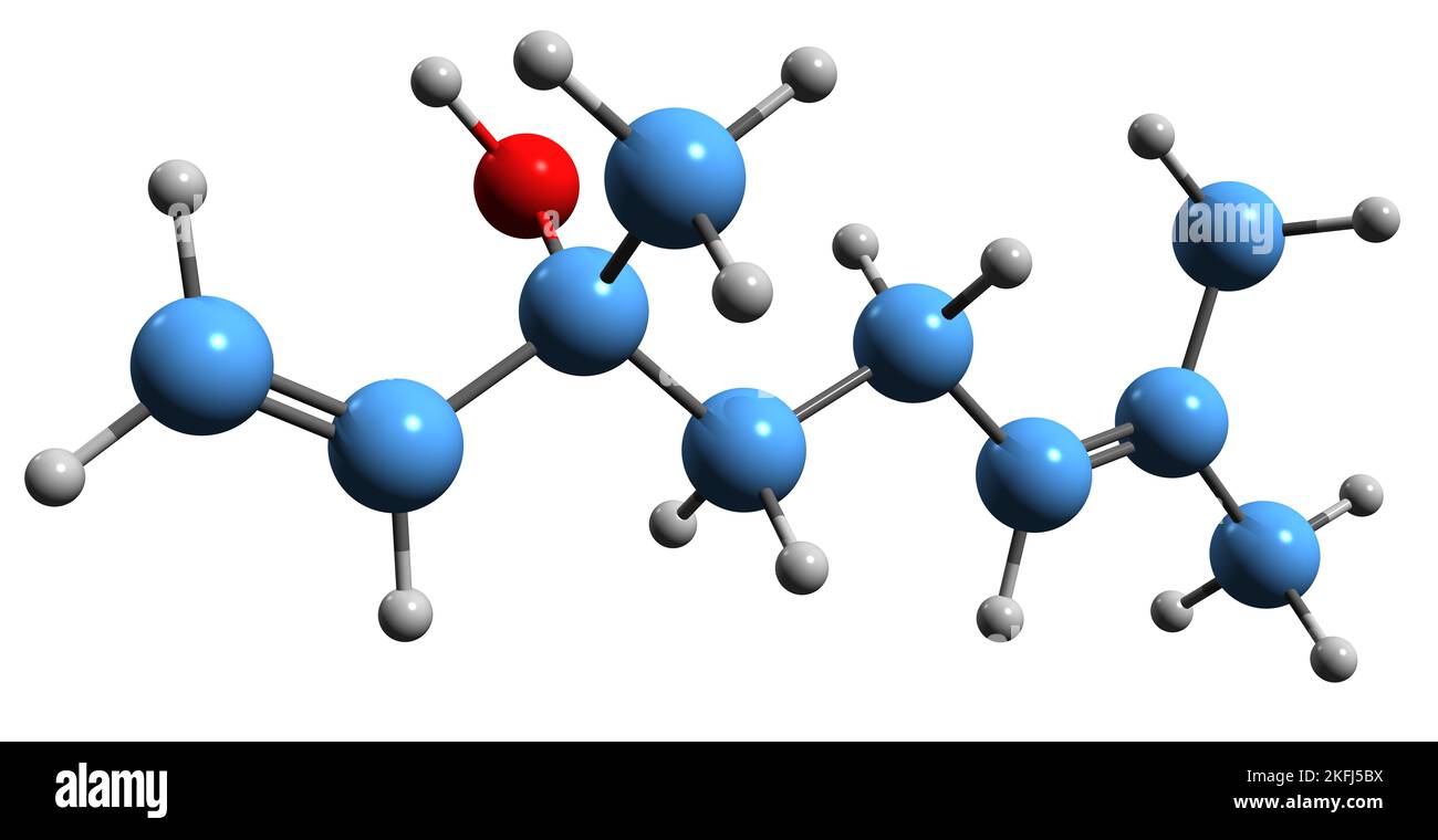 3D immagine della formula scheletrica di Linalool - struttura chimica molecolare dello allocimenolo isolato su sfondo bianco Foto Stock