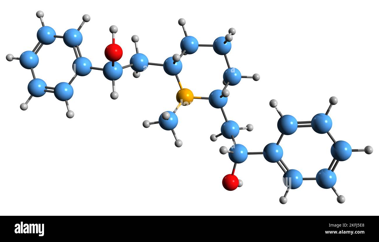 3D immagine della formula scheletrica della lobelina - struttura chimica molecolare dell'alcaloide della piridina isolato su sfondo bianco Foto Stock