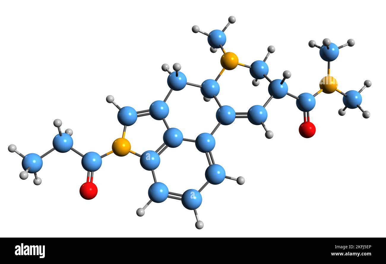 3D immagine della formula scheletrica 1P-LSD - struttura chimica molecolare della dietilammide dell'acido 1-propionil-lisergico isolata su sfondo bianco Foto Stock