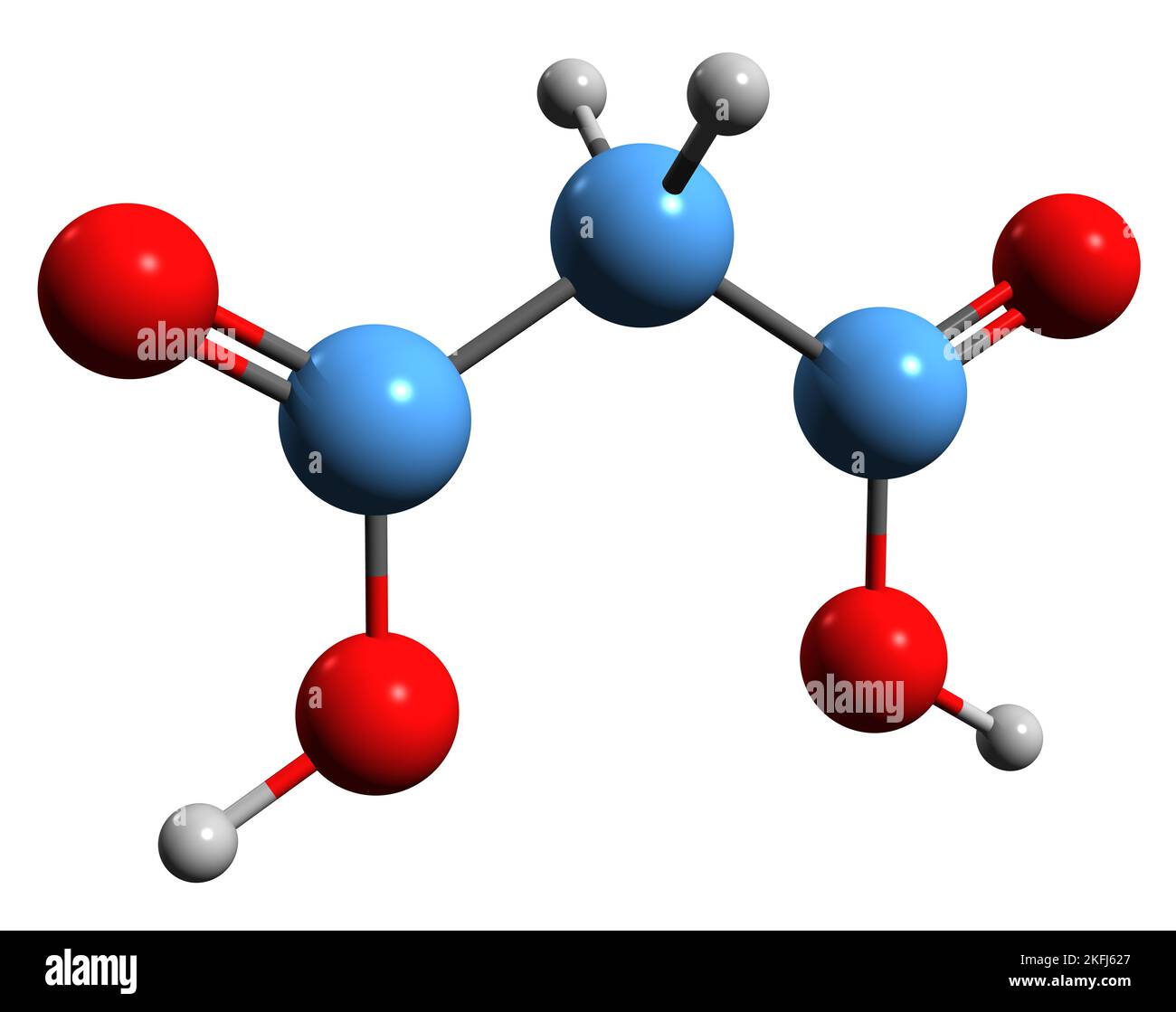 3D immagine della formula scheletrica dell'acido malonico - struttura chimica molecolare dell'acido metanedicarbossilico isolato su sfondo bianco Foto Stock