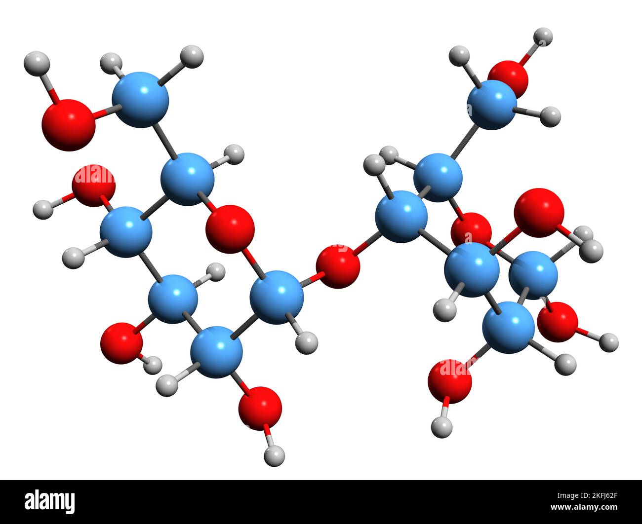 3D immagine del maltosio formula scheletrica - struttura chimica molecolare del disaccaride maltobiosio isolato su sfondo bianco Foto Stock