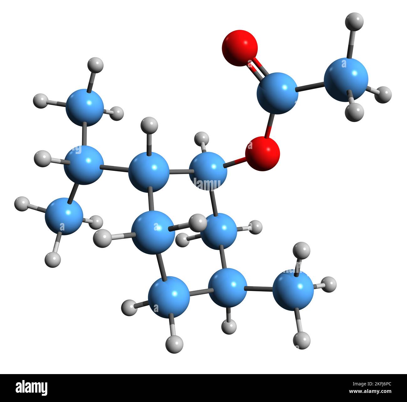 3D immagine di acetato di mentile formula scheletrica - struttura chimica molecolare di monoterpene naturale isolato su sfondo bianco Foto Stock