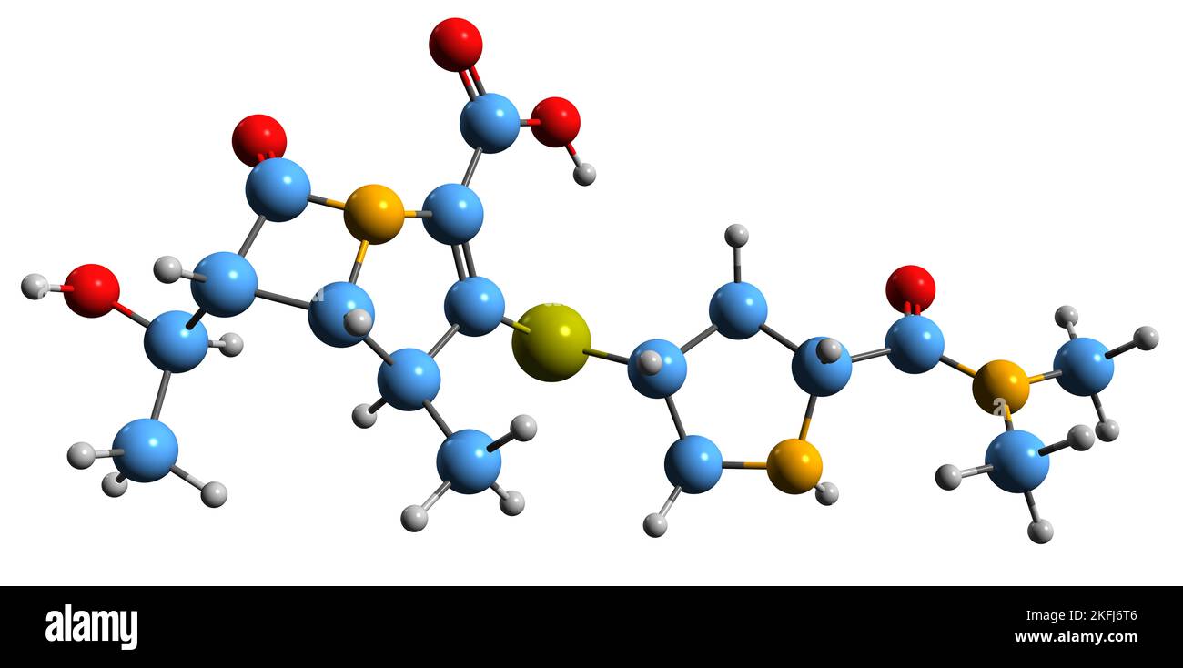 3D immagine della formula scheletrica Meropenem - struttura chimica molecolare dell'antibiotico beta-lattamico isolato su sfondo bianco Foto Stock
