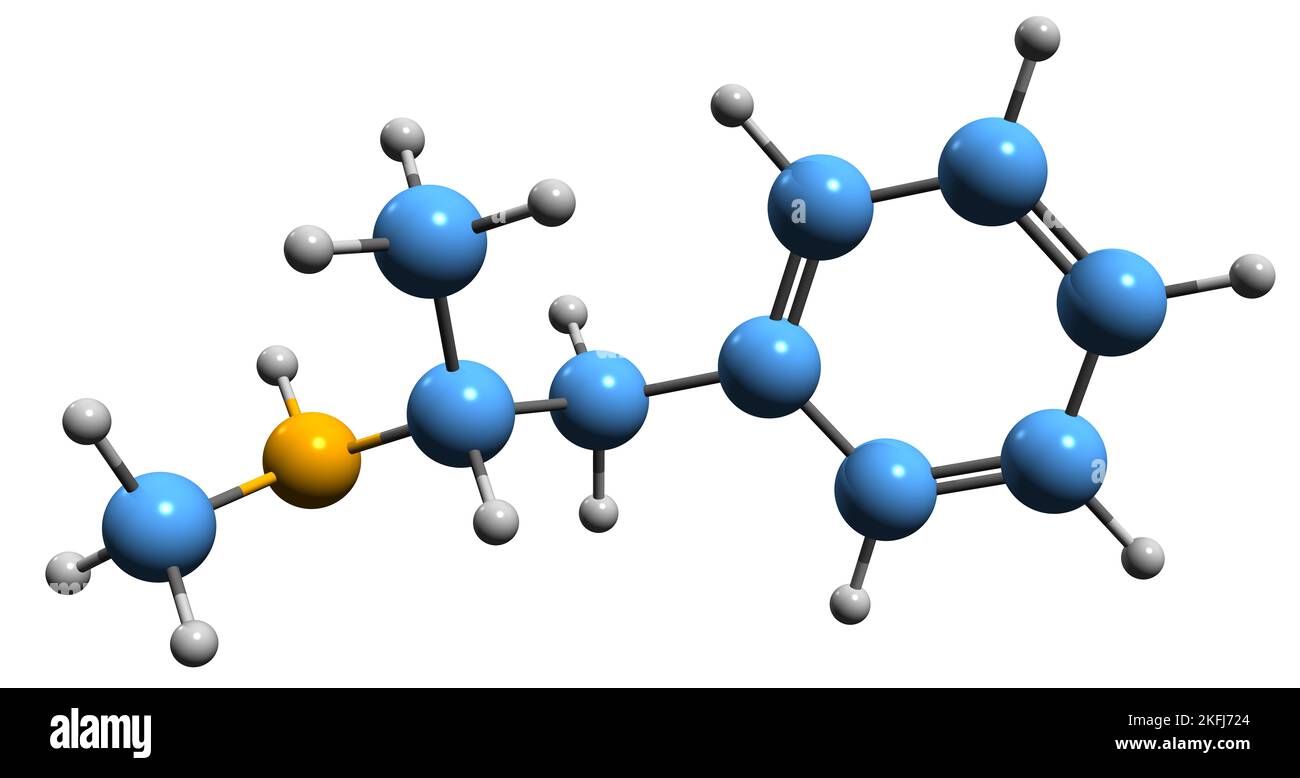 3D immagine di Metamfetamina formula scheletrica - struttura chimica molecolare dello stimolante del sistema nervoso centrale isolato su sfondo bianco Foto Stock