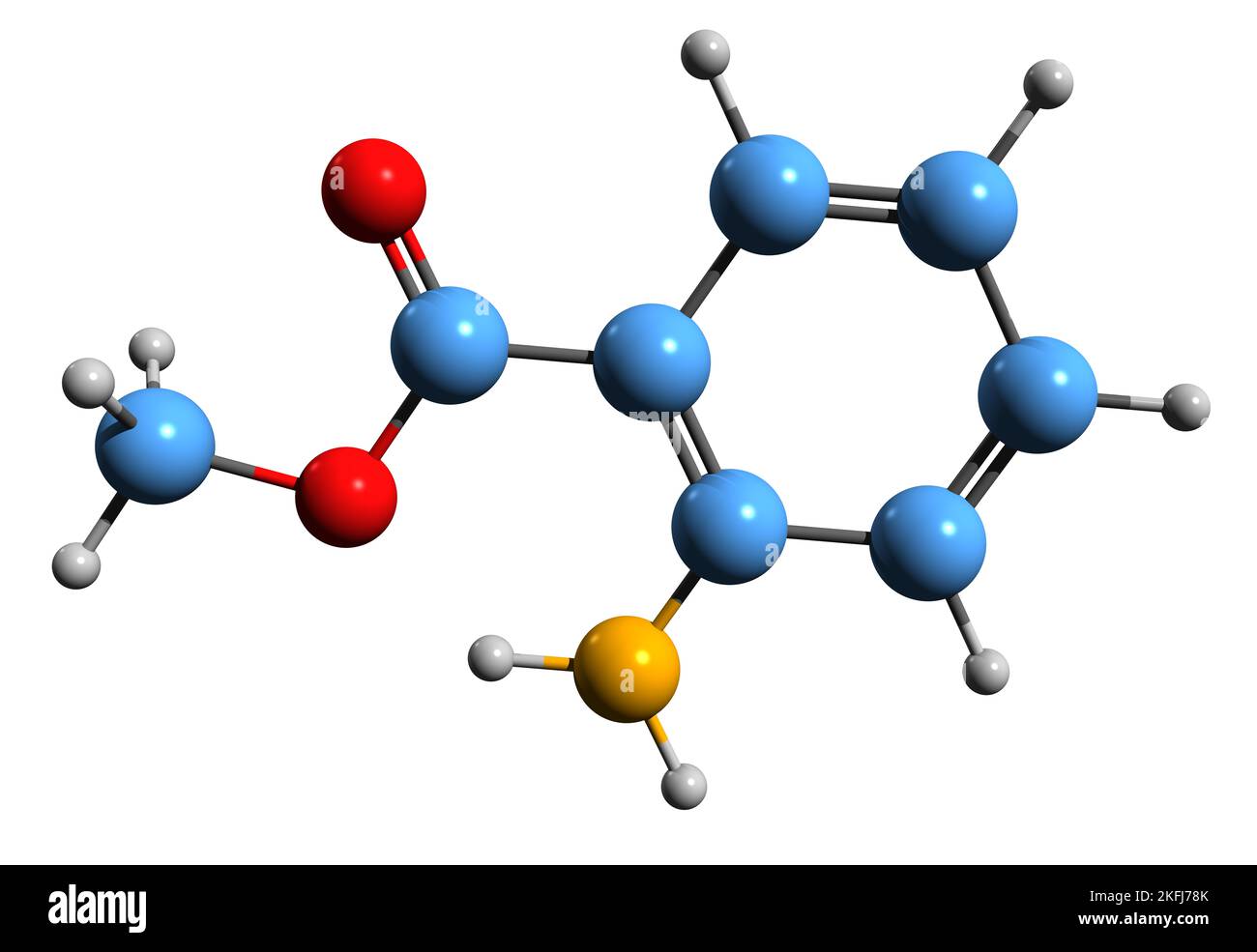 3D immagine della formula scheletrica dell'antranilato di metile - struttura chimica molecolare del 2-amminobenzoato di metile isolato su sfondo bianco Foto Stock