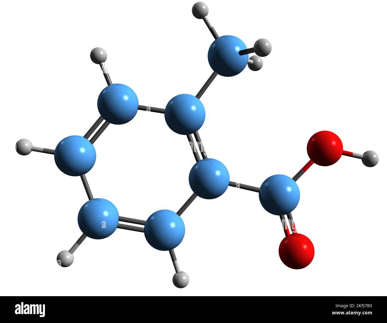 3D immagine della formula scheletrica dell'acido o-toluico - struttura chimica molecolare dell'acido 2-metilbenzoico isolato su sfondo bianco Foto Stock