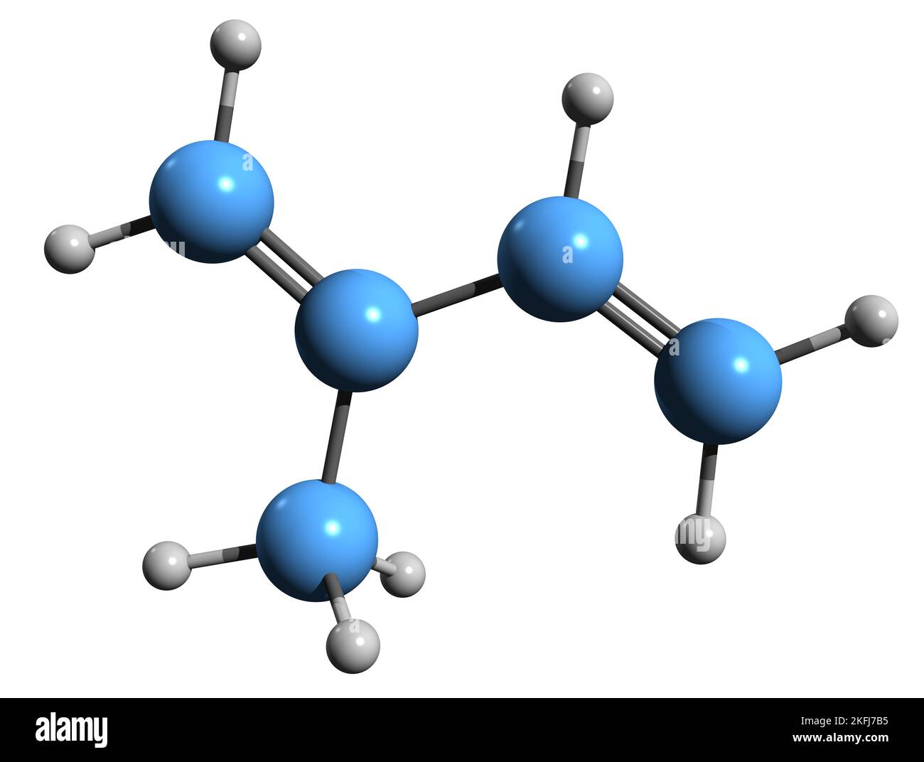 3D immagine della formula scheletrica dell'isoprene - struttura chimica molecolare del metilbutadiene isolato su sfondo bianco Foto Stock
