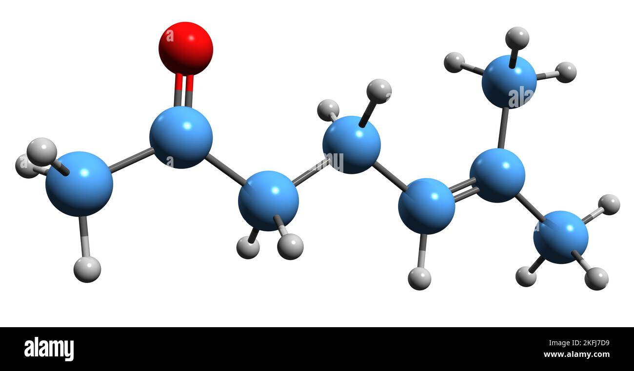 3D immagine di Sulcatone formula scheletrica - struttura chimica molecolare del metileptenone isolato su sfondo bianco Foto Stock