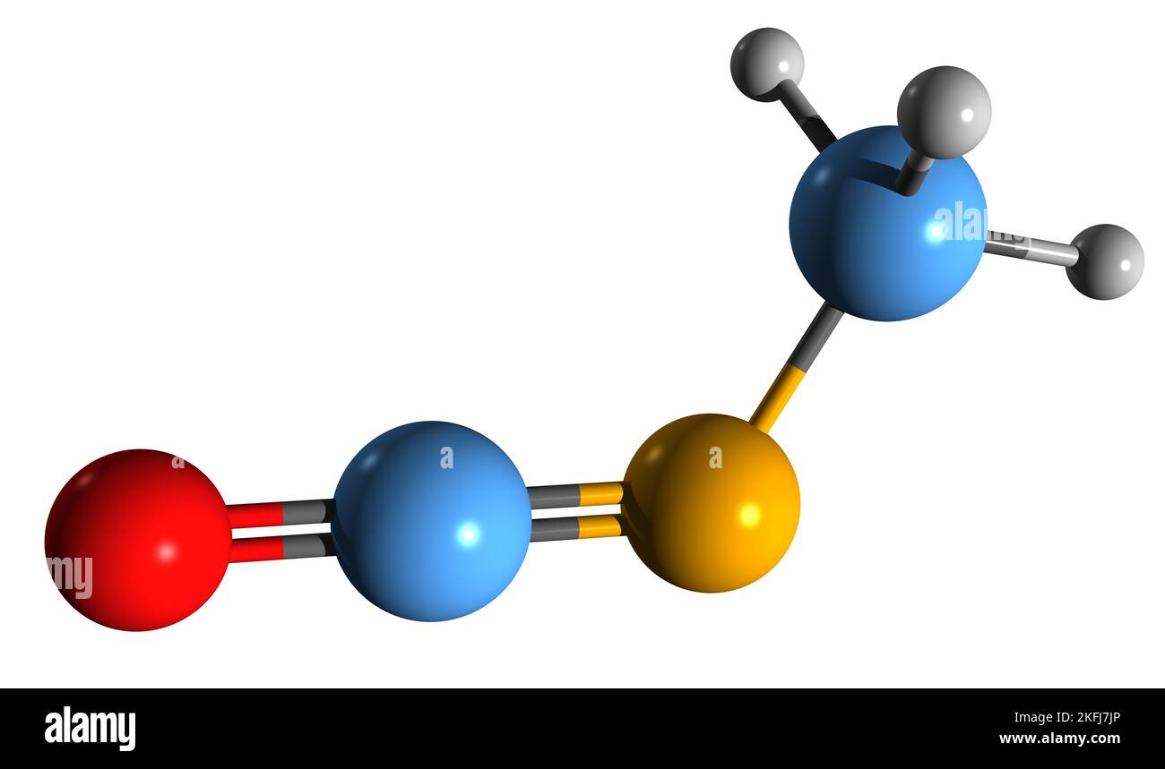 3D immagine di formula scheletrica di isocianato di metile - struttura chimica molecolare di carbilammina di metile isolata su sfondo bianco Foto Stock