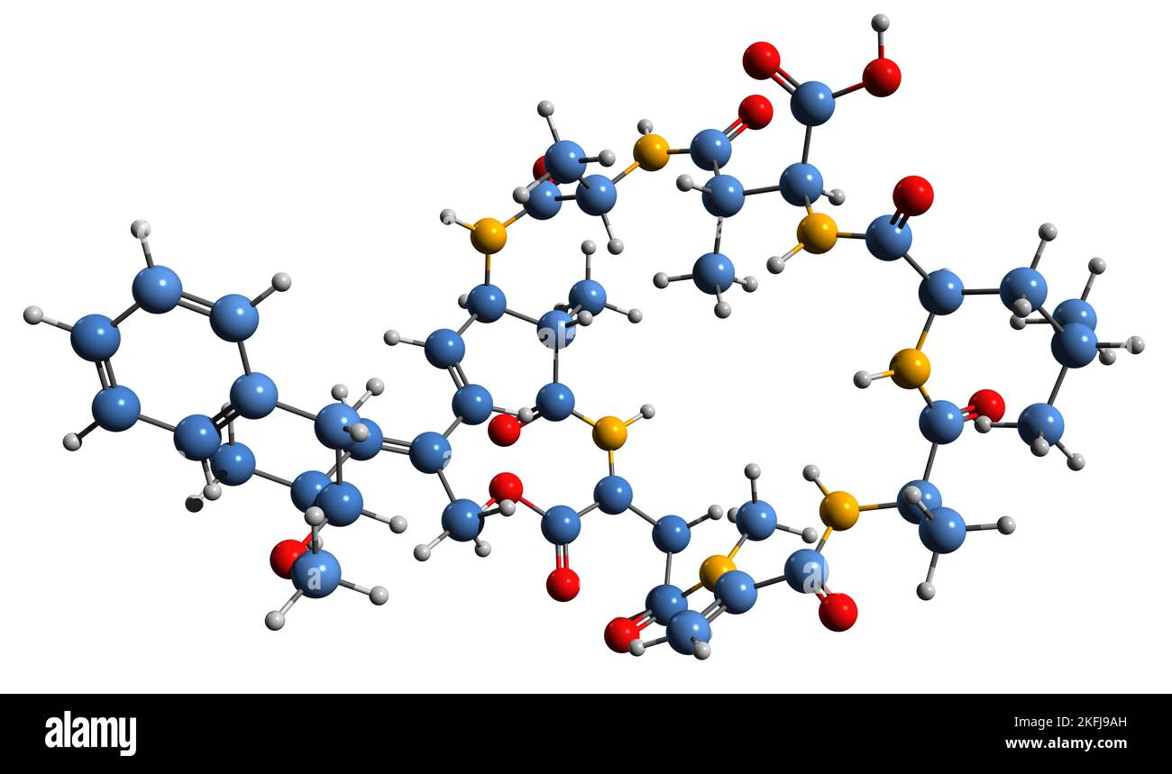 3D immagine di Microcystin LA formula scheletrica - struttura chimica molecolare della tossina cianoginosina LA isolata su sfondo bianco Foto Stock