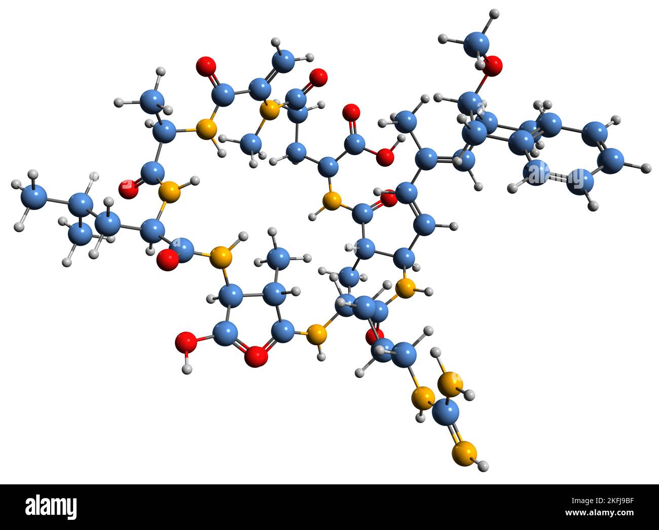 3D immagine di Microcystin LR formula scheletrica - struttura chimica molecolare della tossina cianoginosina LR isolata su sfondo bianco Foto Stock