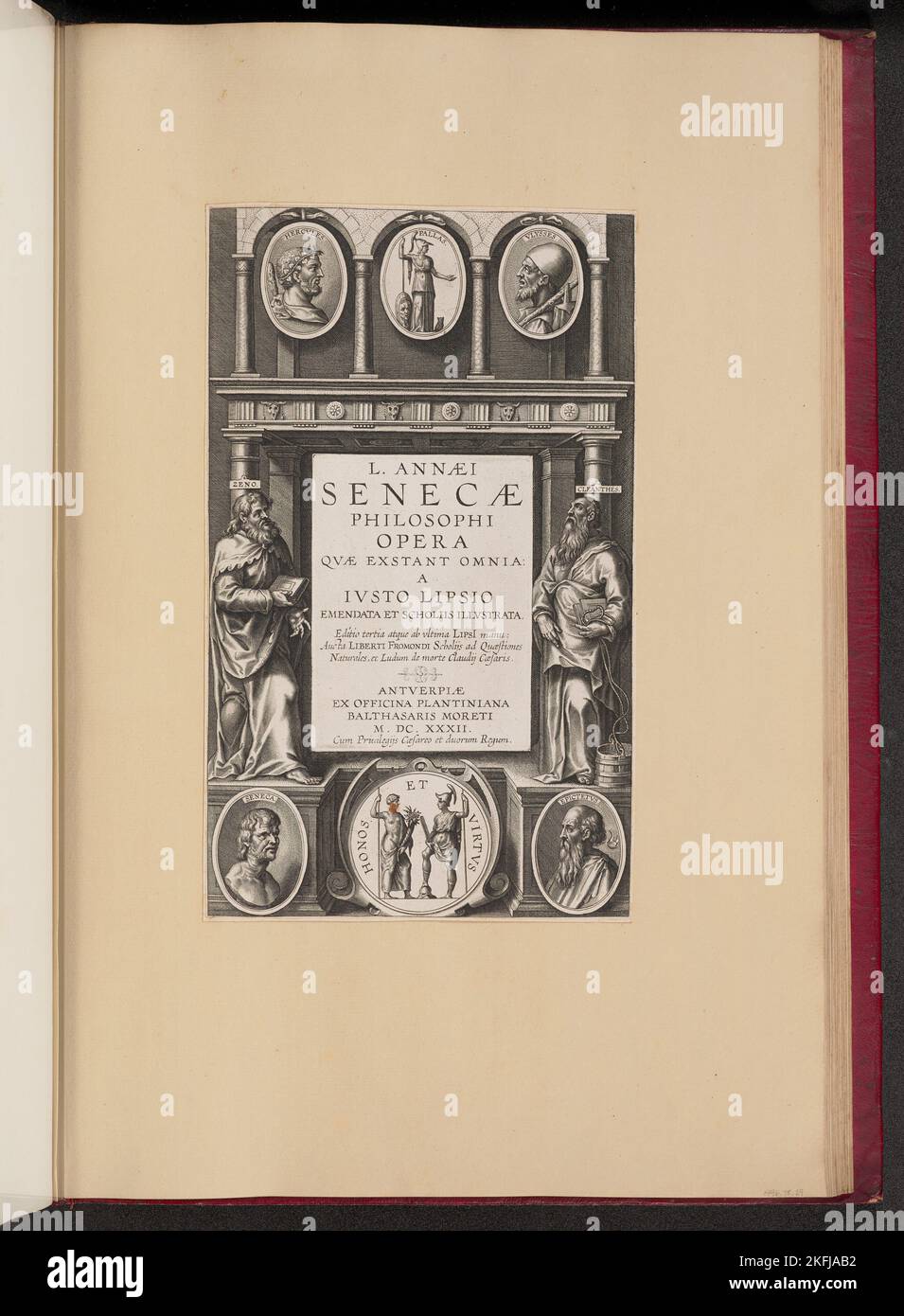 Pagina del titolo di L. Annaei Senecae Philosophi Opera Qvae Exstant Omnia a Ivisto Lipsio, 1632. Foto Stock