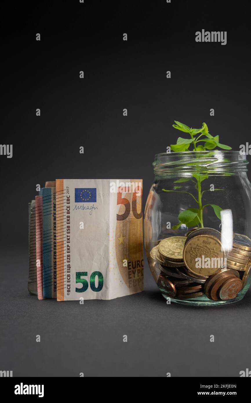 Banconote in euro su sfondo scuro. Concetto di banconota da cinquanta euro accanto a un vaso di vetro con pianta che cresce in monete risparmio. Spazio di copia. Foto Stock
