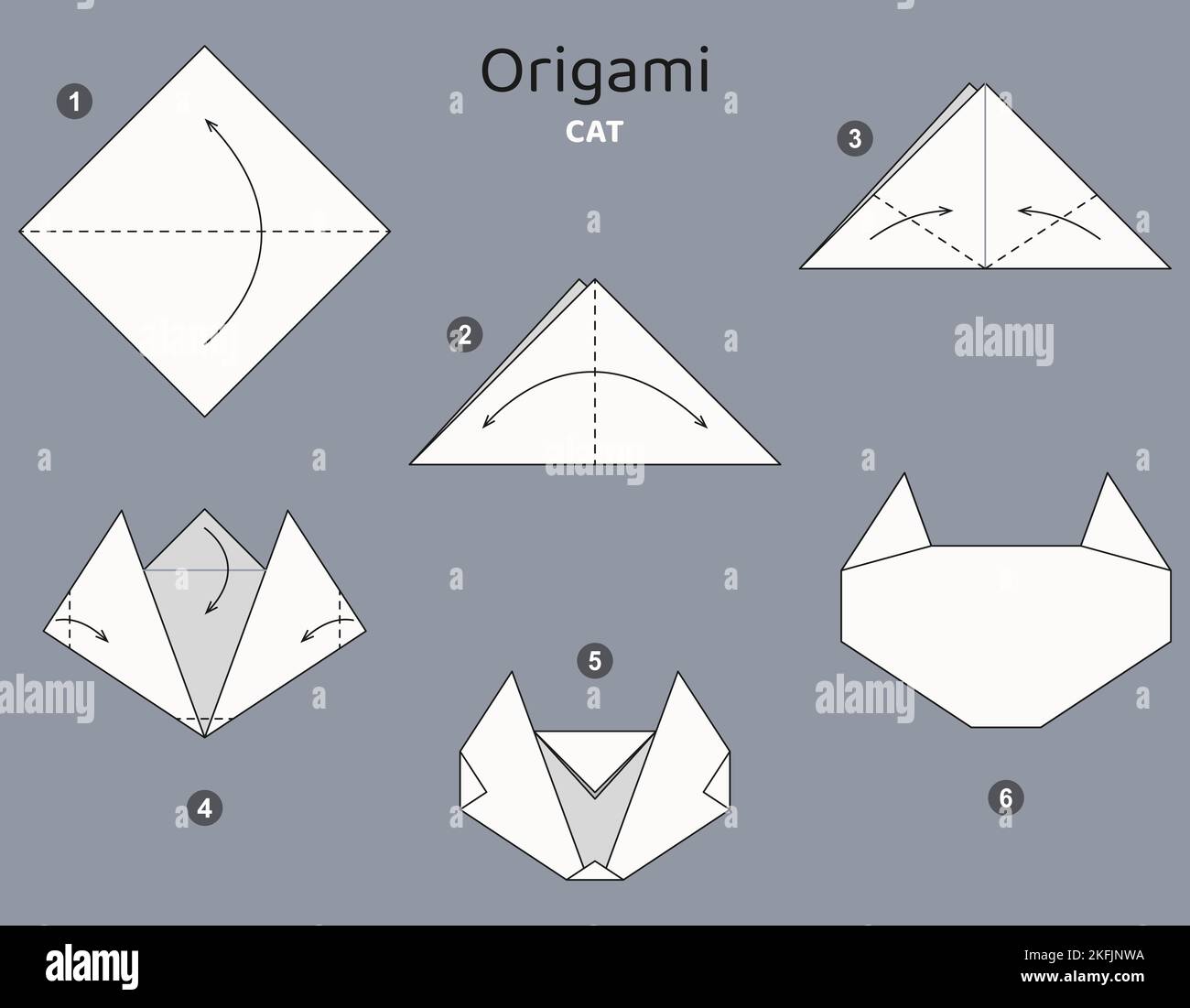 Tutorial Origami. Schema Origami per bambini. Cat. Illustrazione Vettoriale