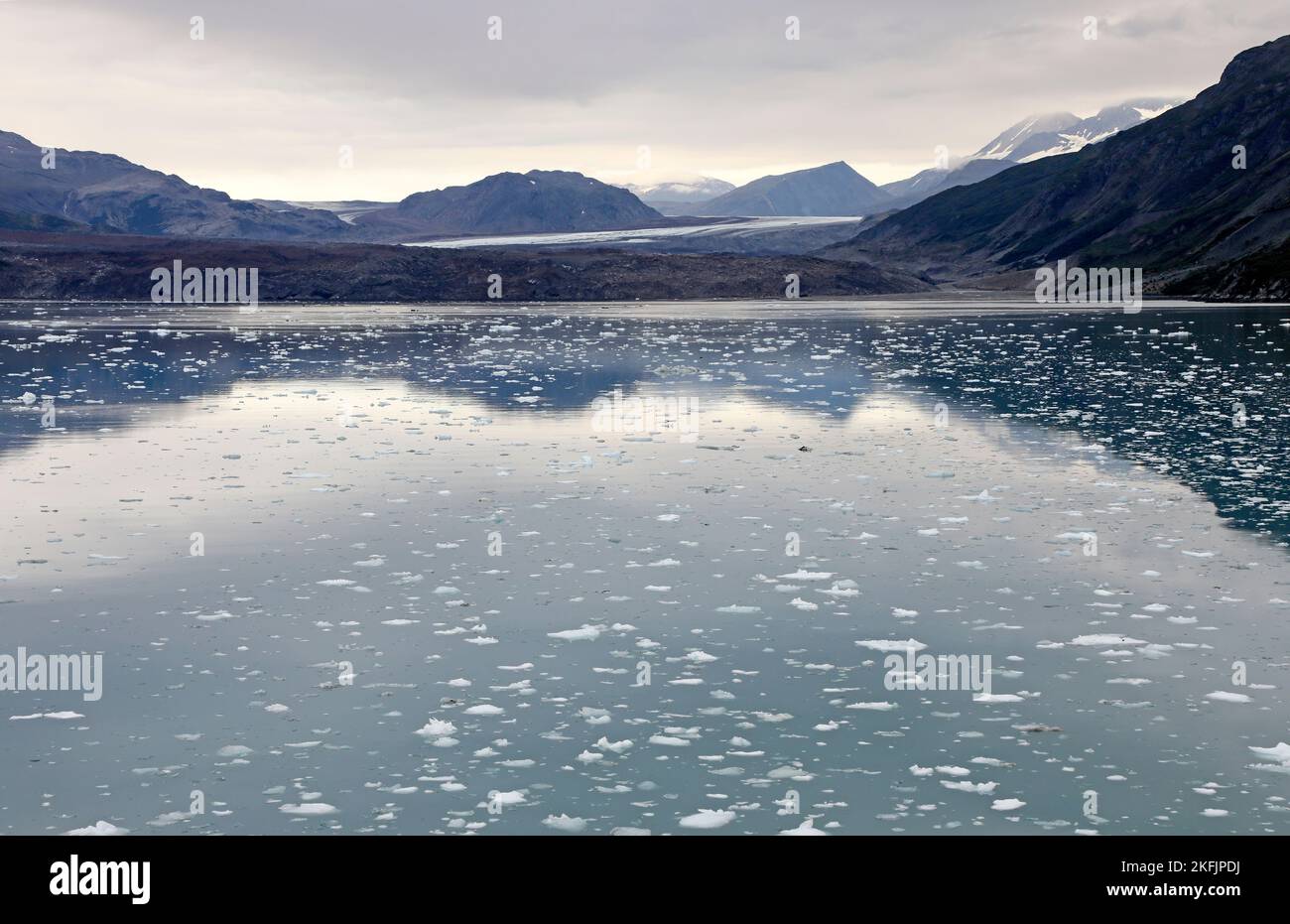 Alaska Glacier Bay montagna oceano. Destinazione protetta della scienza turistica. Cambiamenti al cambiamento climatico e al riscaldamento globale. Area sensibile all'ambiente. Foto Stock