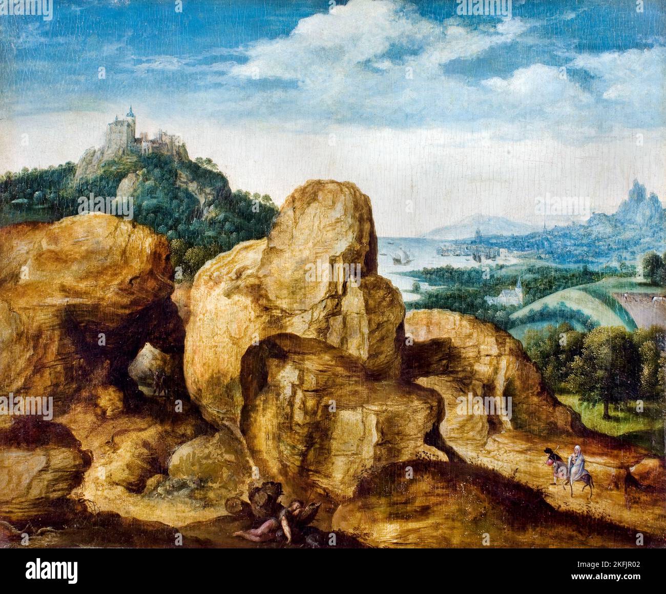 Cornelis Metsys; Paesaggio con il volo in Egitto; circa 1545-1550; olio su tavola; Museu Nacional d'Art de Catalunya, Barcellona, Spagna. Foto Stock