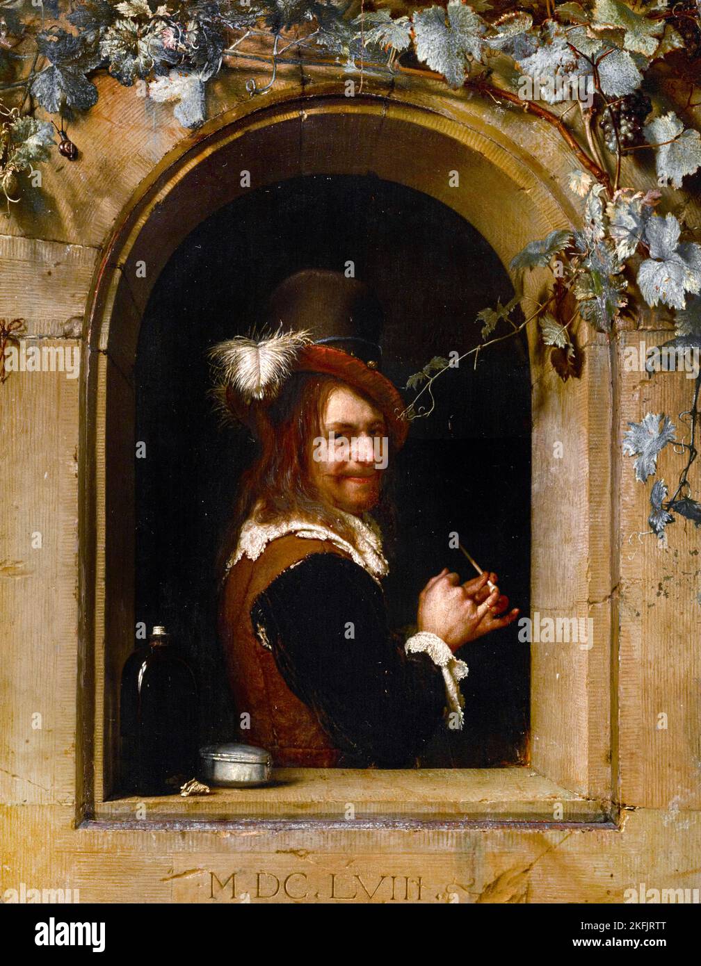 Frans van Mieris il Vecchio; uomo con tubo alla finestra; 1658; olio sul pannello; Museo Nazionale Brukenthal, Sibiu, Romania. Foto Stock