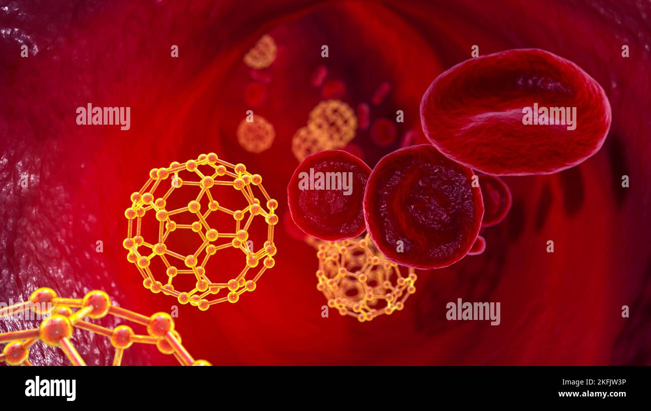 Nanoparticelle di fullerene nel sangue, illustrazione Foto Stock