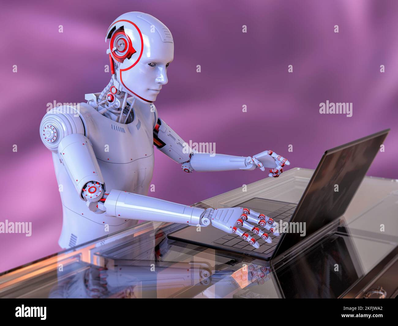 Robot umanoide che lavora con il computer portatile, illustrazione concettuale Foto Stock