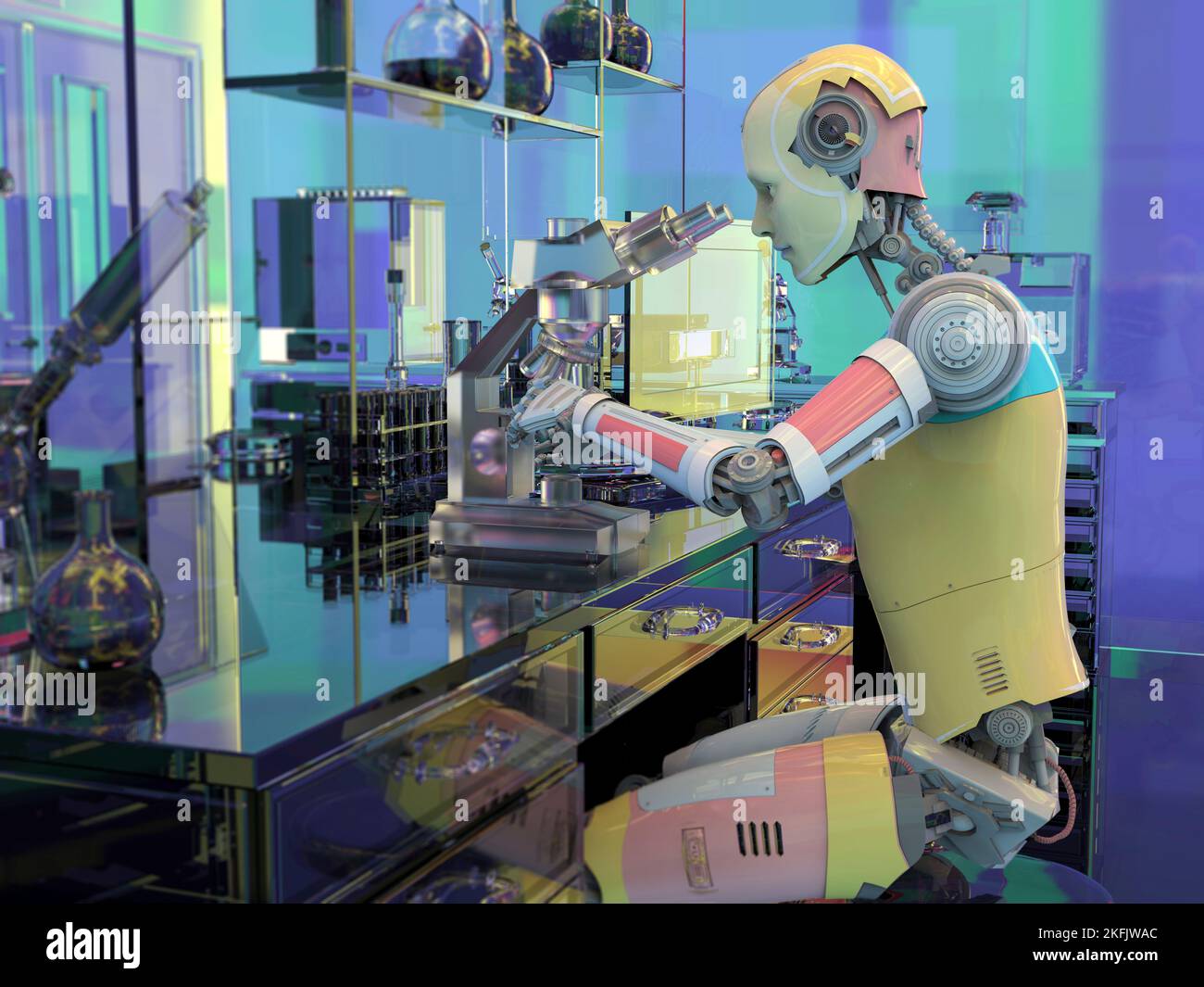 Robot umanoide che lavora con il microscopio, illustrazione Foto Stock