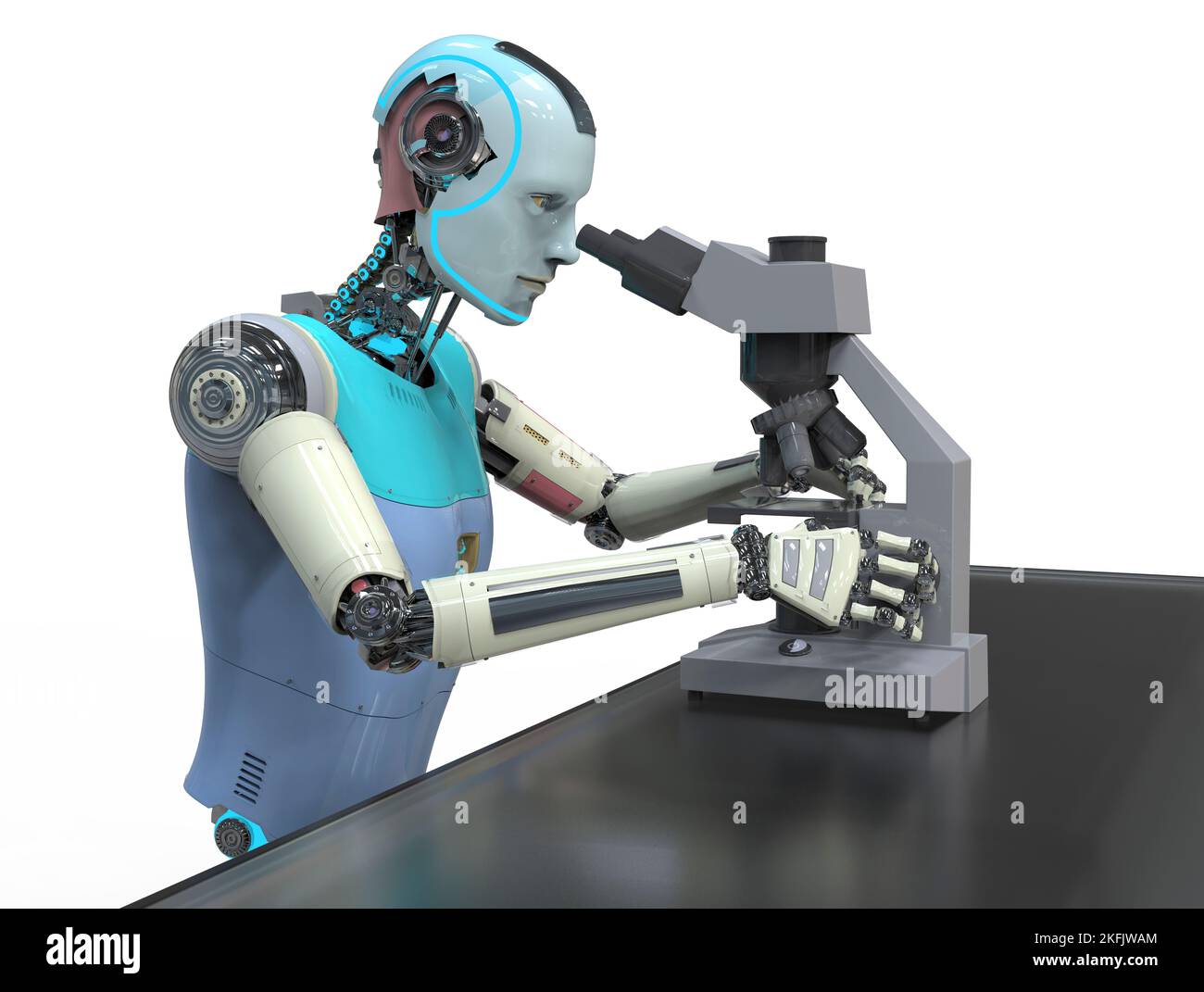 Robot umanoide che lavora con il microscopio, illustrazione Foto Stock