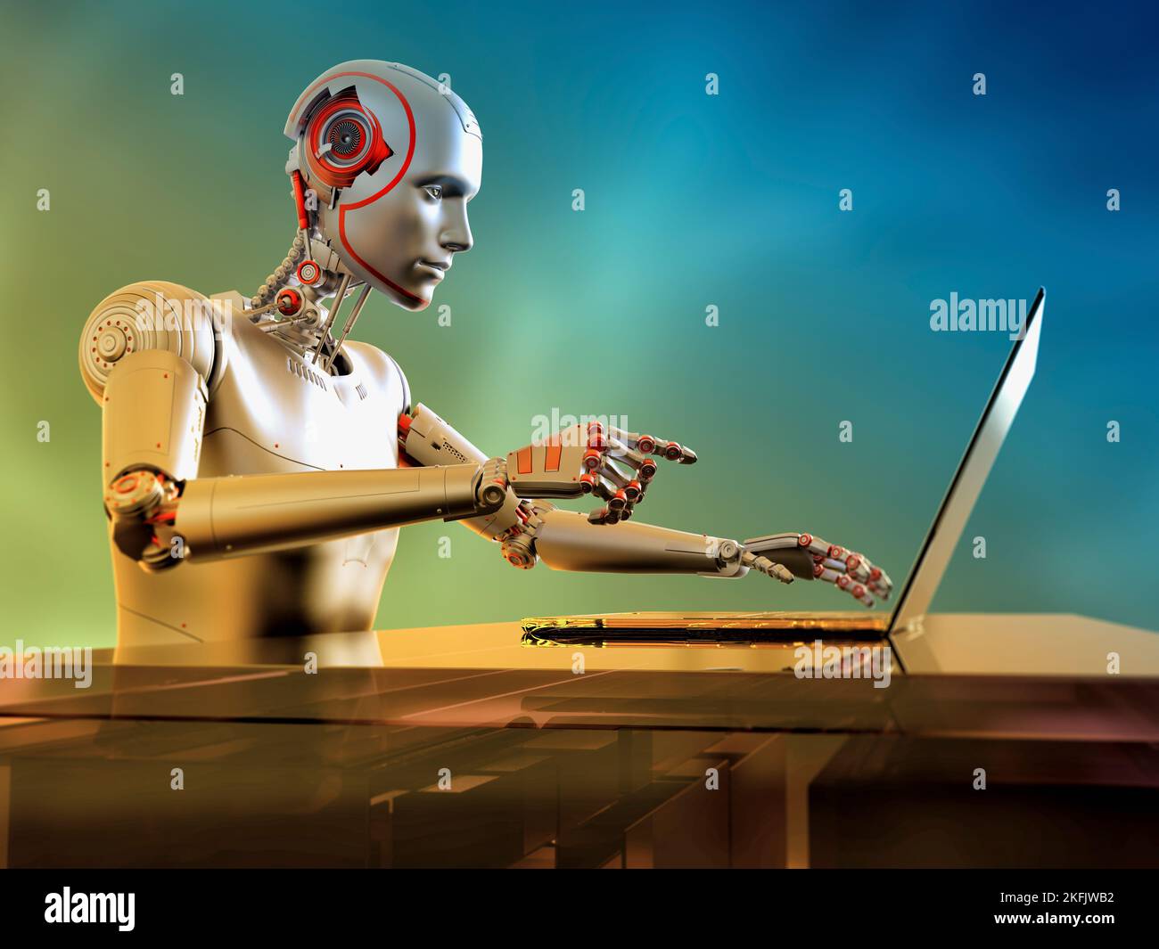 Robot umanoide che lavora con il computer portatile, illustrazione concettuale Foto Stock