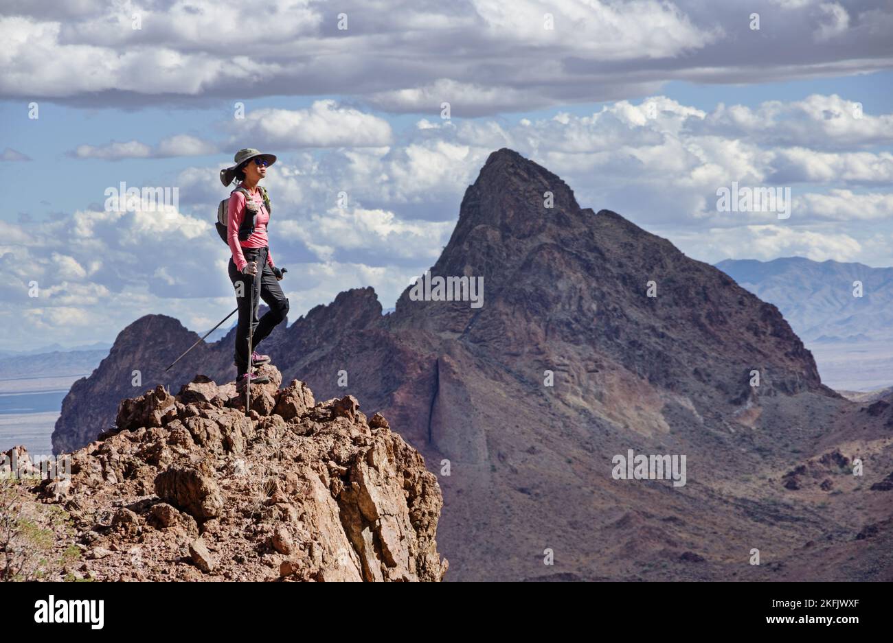 donna giorno escursionista su un picco del deserto nelle montagne tartarughe con pali da trekking Foto Stock