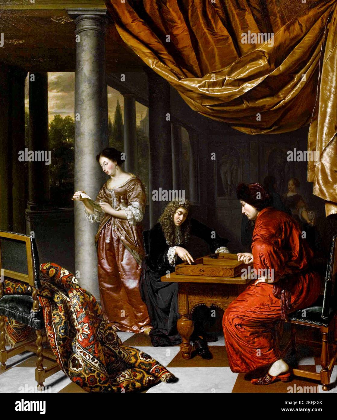 Frans van Mieris il Vecchio; interno con le figure che giocano il tric-Trac; 1680; olio su tela; Museo delle Belle Arti, Houston, Stati Uniti. Foto Stock
