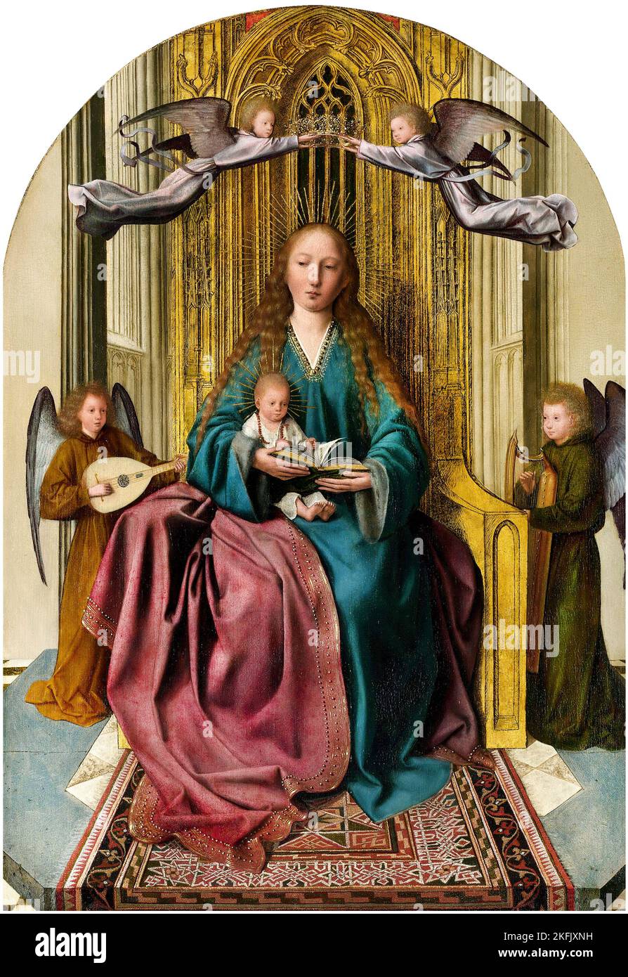 Quinten Metsys; la Vergine col Bambino in trono, con quattro angeli; circa 1493-1497; olio su legno; Galleria Nazionale, Londra, Regno Unito. Foto Stock