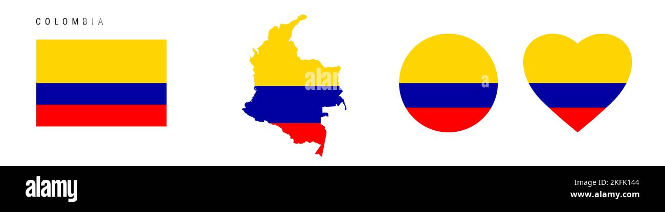 Icona della bandiera Colombia impostata. Pennant colombiano nei colori e nelle proporzioni ufficiali. Rettangolare, a forma di mappa, circolare e a forma di cuore. Immagine piatta isol Foto Stock