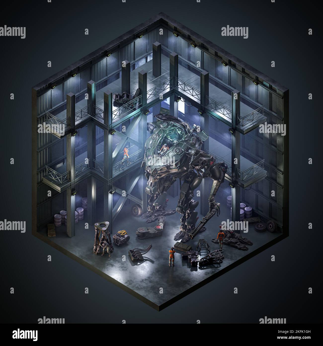 Il mondo dell'uomo e della macchina, l'operaio sta riparando il robot. rendering 3d. Concetto cubico Foto Stock