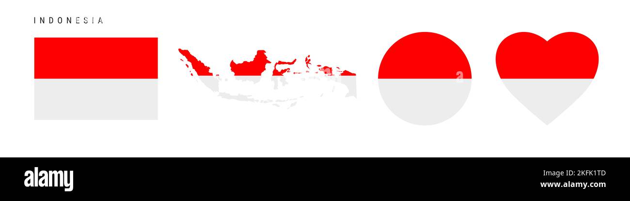 Icona della bandiera indonesiana impostata. Pennant indonesiano in colori e proporzioni ufficiali. Rettangolare, a forma di mappa, circolare e a forma di cuore. L'illustrazione piatta è Foto Stock