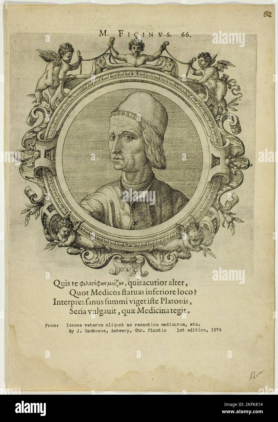 Ritratto di Marsilio Ficino, pubblicato nel 1574. 'M. Ficinus'. Umanista, filosofo, studioso e sacerdote cattolico italiano. Foto Stock