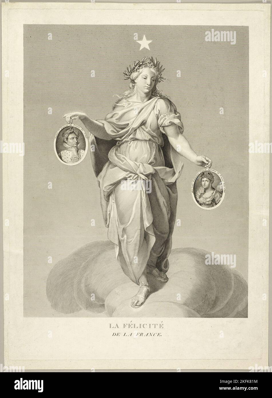La F&#xe9;licit&#xe9; de la France, 1810/14. La felicità della Francia. Figura allegorica con ritratti di Napoleone e Giuseppe. Foto Stock
