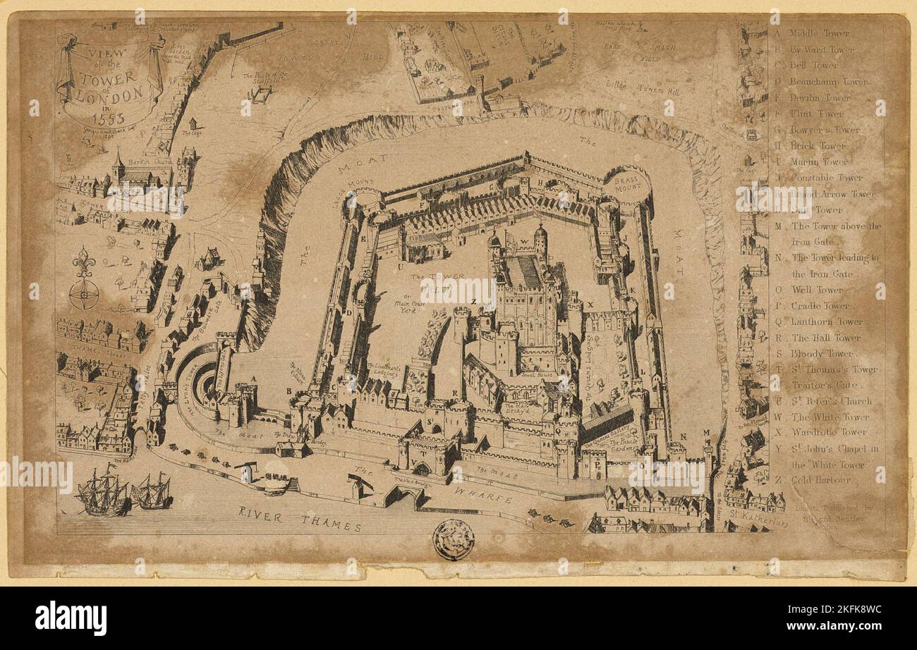 Vista della Torre di Londra nel 1553, 1840. Foto Stock