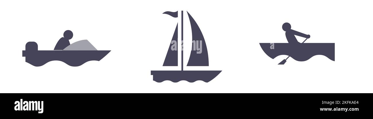 Motoscafo, barca a vela, barca a remi. Set di icone. Illustrazione piatta isolata su sfondo bianco. Foto Stock