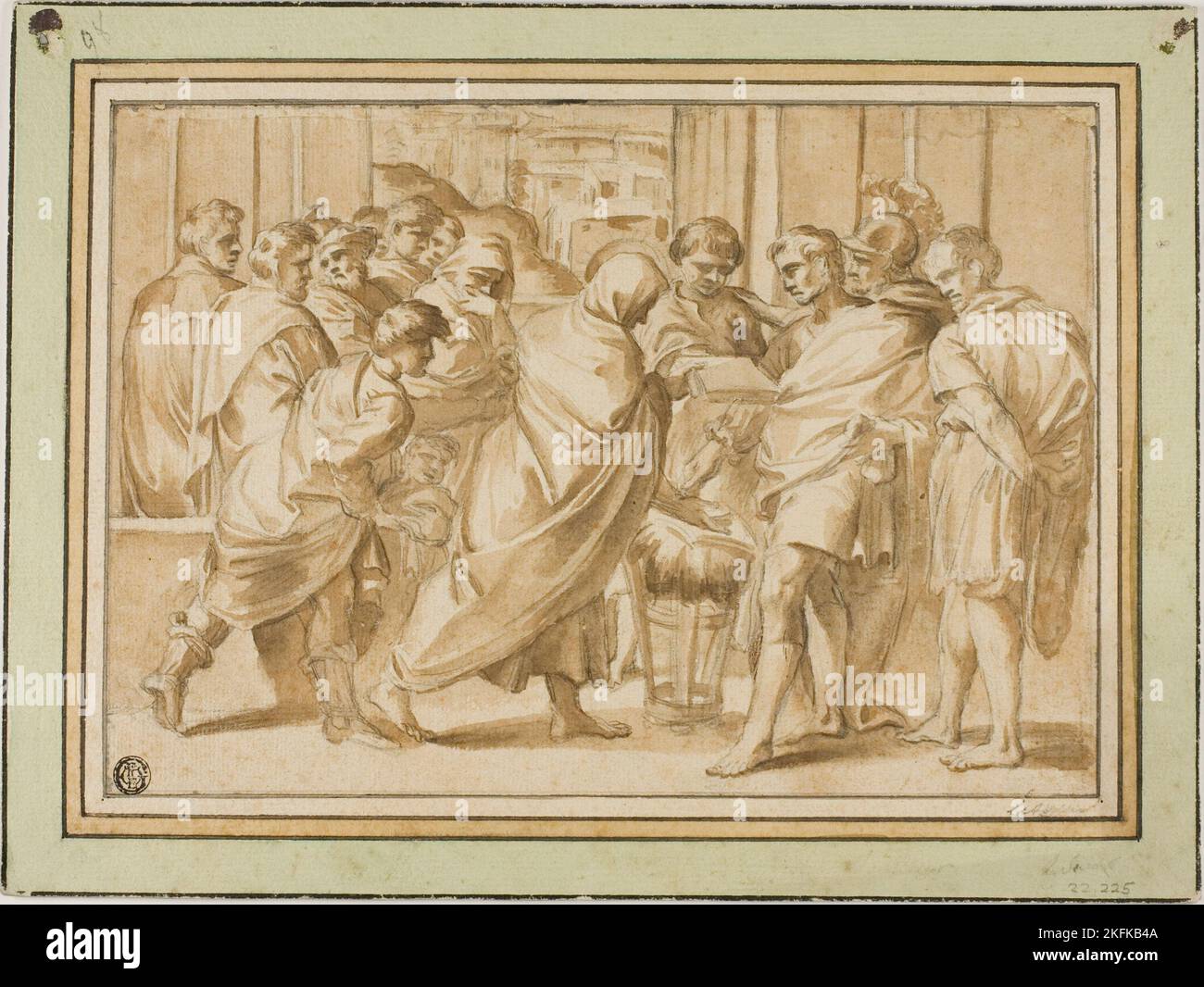 Scena dalla storia romana, con figura drappeggiato che presenta il libro a Ruler, n.d. Forse dopo Eustache le Sueur. Foto Stock