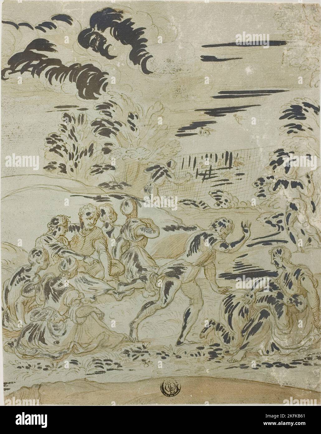 Scena Pastorale: Uomini Caccia Uccelli, Coppie seduti a terra, n.d. Forse dopo Bernard van Orley. Foto Stock