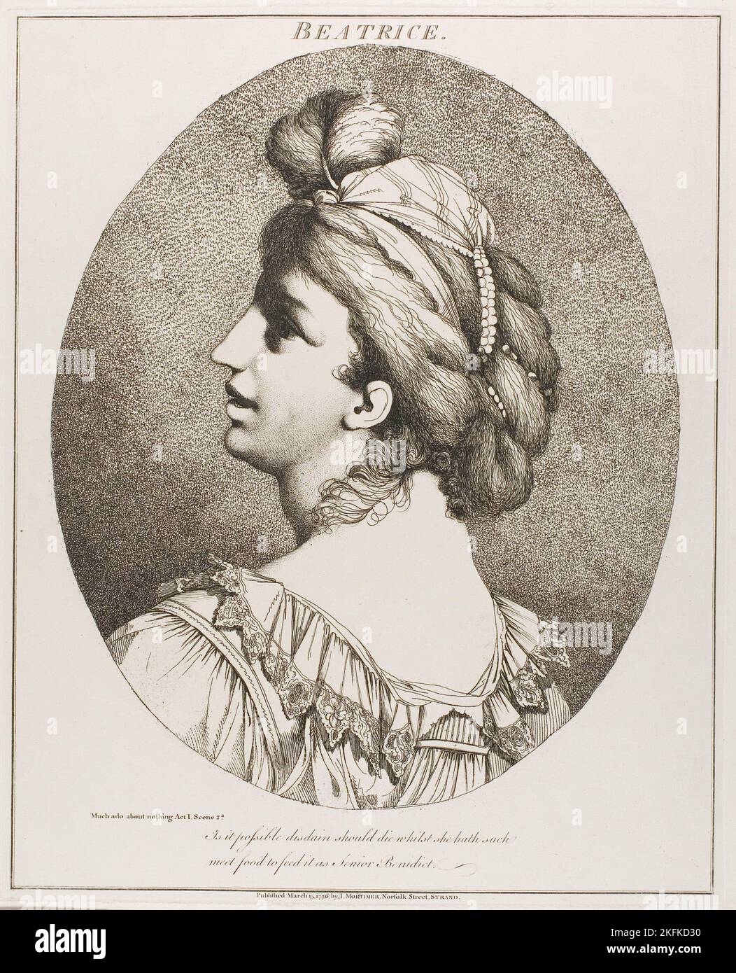 Beatrice, 15 marzo 1776 (pubblicata originariamente); pubblicata nel 1809. "È possibile che il disprezzo muoia mentre ha un tale cibo da nutrirlo come Senior Benedict”. (Molto fare su niente, atto 1, scena 2). Foto Stock