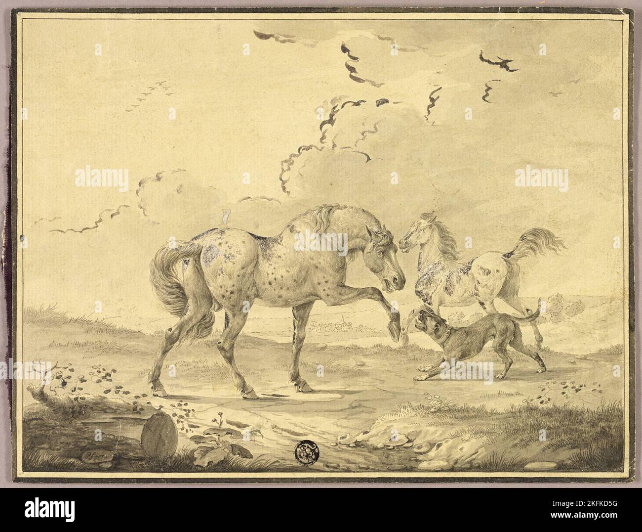 Two Horses Fighting Dog, n.d. Foto Stock