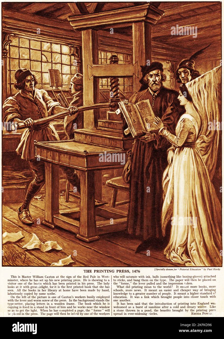 Halftone di William Caxton alla sua stampa nel 1476, da una pubblicazione educativa, 1927 Foto Stock