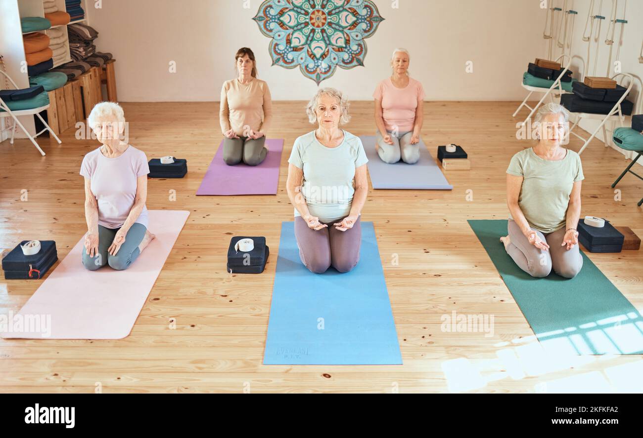 Corso di yoga, esercizio fisico e gruppo insieme per la meditazione, il benessere e la salute durante uno zen, chakra o allenamento spirituale. Anziani in studio per la pace Foto Stock
